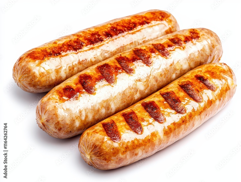Three grilled sausages with a golden-brown exterior, showcasing grill marks, appetizing and ready to be served. Three grilled sausages with a golden-brown exterior, showcasing grill marks, appetizing and ready to be served.