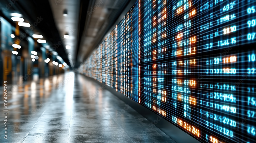 Digital data stream in futuristic hallway, glowing with blue and orange lights Digital data stream in futuristic hallway, glowing with blue and orange lights