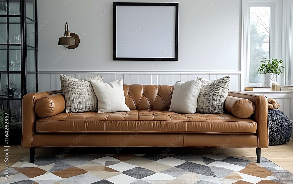 Fototapeta premium Brown leather sofa with pillows in a modern living room.