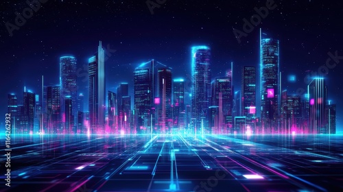 cityscape with space and neon light effect. Modern hi-tech, science, futuristic technology concept. Abstract digital high tech city design for banner background