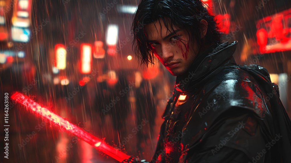 Cyberpunk Samurai in Rain-Soaked City Cyberpunk Samurai in Rain-Soaked City