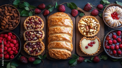 Delicious fruit tarts arranged on a wooden table with fresh berries and cream...