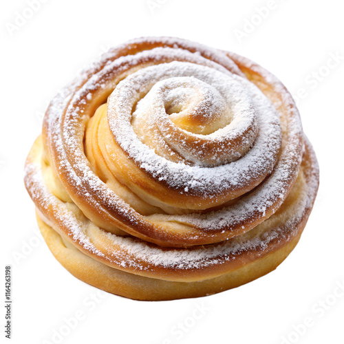 A soft, coiled pastry dusted with powdered sugar, isolated on a transparent background photo