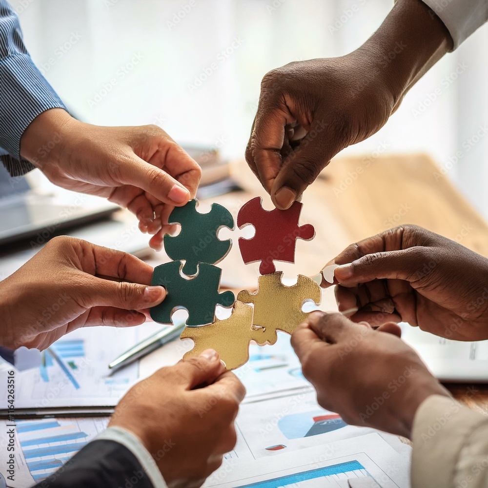 Fototapeta premium Concept of teamwork and partnership. Hands join puzzle pieces in the office.