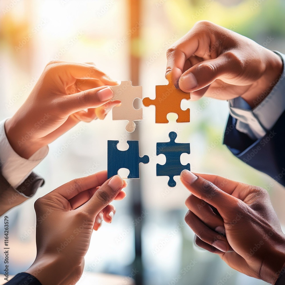 Concept of teamwork and partnership. Hands join puzzle pieces in the office. Concept of teamwork and partnership. Hands join puzzle pieces in the office.