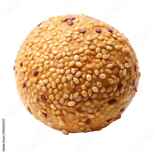 A round, golden-brown sesame-covered ball with a sweet red bean filling, isolated on a transparent background photo