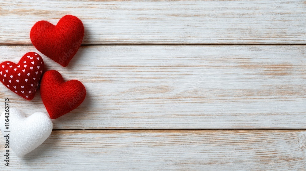 Decorative red and white hearts arranged on a wooden board provide a romantic background perfect for Valentine's Day greetings and messages Decorative red and white hearts arranged on a wooden board provide a romantic background perfect for Valentine's Day greetings and messages