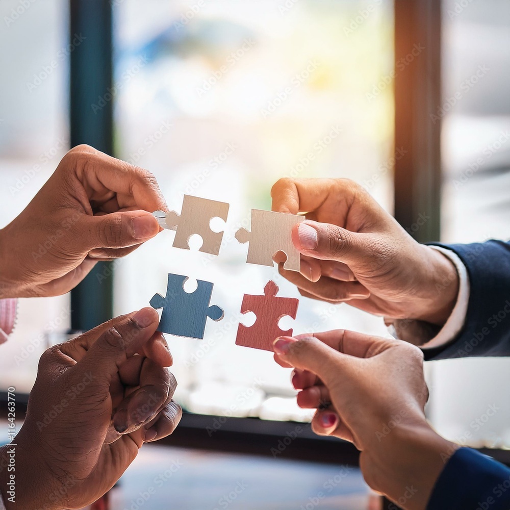 Concept of teamwork and partnership. Hands join puzzle pieces in the office. Concept of teamwork and partnership. Hands join puzzle pieces in the office.