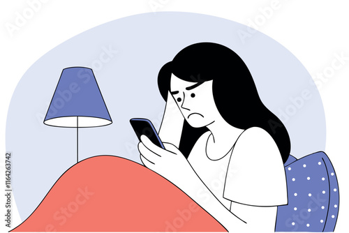 Woman with insomnia lying in her bed scrolling through her smartphone during late night hours. Female character with sleep disorder, sleeplessness, mental problem. Vector flat illustration	