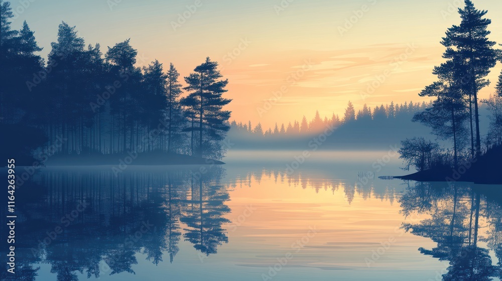 Fototapeta premium Serene sunrise over misty lake and pine forest. (2)