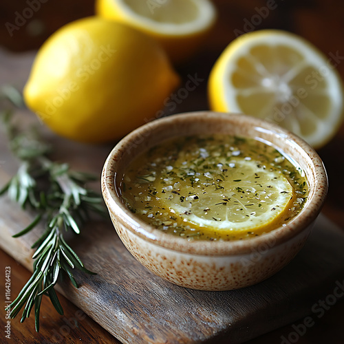 Classic marinade with lemon and herbs in bowl, garnished with rosemary. Fresh ingredients create vibrant and flavorful dish. Perfect for enhancing meats and vegetables