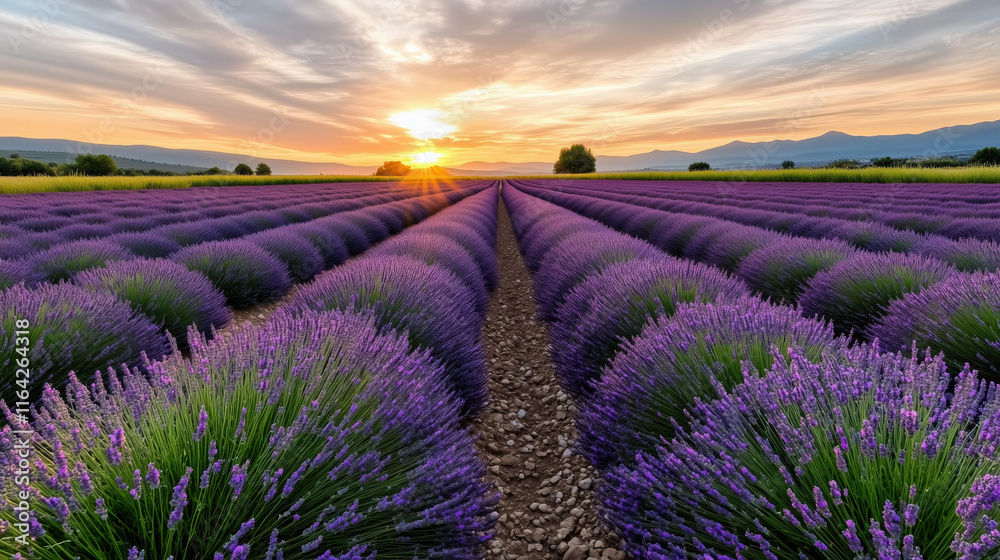 Obraz premium Lavender fields at sunset with vibrant colors and dramatic sky
