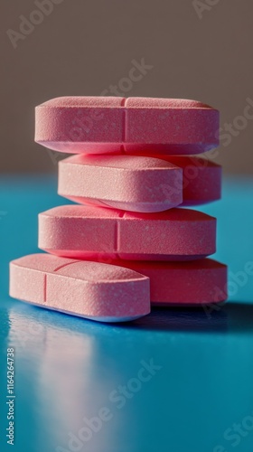 Colorful stack of pink fitness weights against a bright blue background showc...