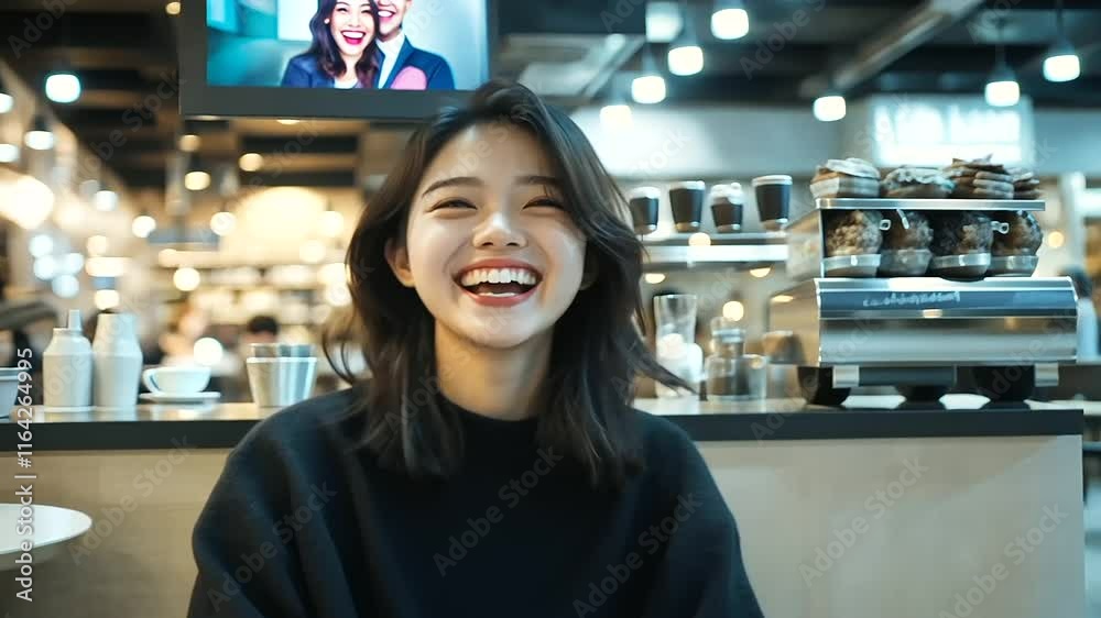 A futuristic coffee shop scene where an Asian woman laughs while the robot entertains her by displaying a hologram of a comedy sketch above the table