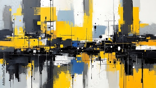 Background of contemporary minimalist abstract painting in white, beige, black, and yellow on canvas, decorative, showcasing generative AI illustration. photo