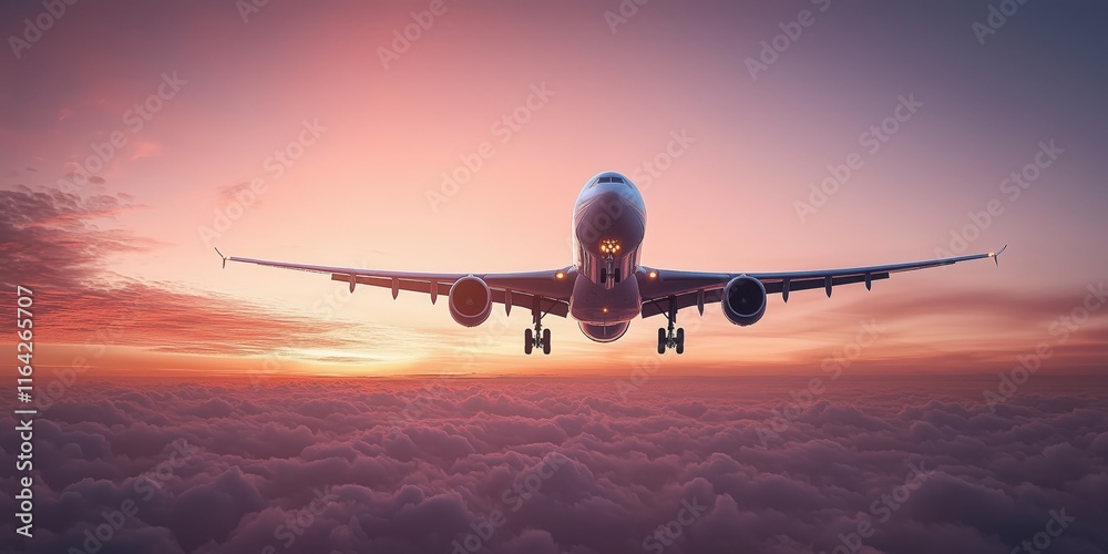 Passenger airliner soaring above a stunning cloudscape during a breathtaking sunset, showcasing vibrant hues of orange, pink, and purple in the evening sky, creating an inspiring travel scene Passenger airliner soaring above a stunning cloudscape during a breathtaking sunset, showcasing vibrant hues of orange, pink, and purple in the evening sky, creating an inspiring travel scene