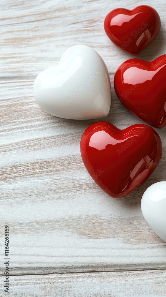 Fototapeta premium Decorative red and white hearts arranged on a wooden board provide a romantic background perfect for Valentine's Day greetings and messages