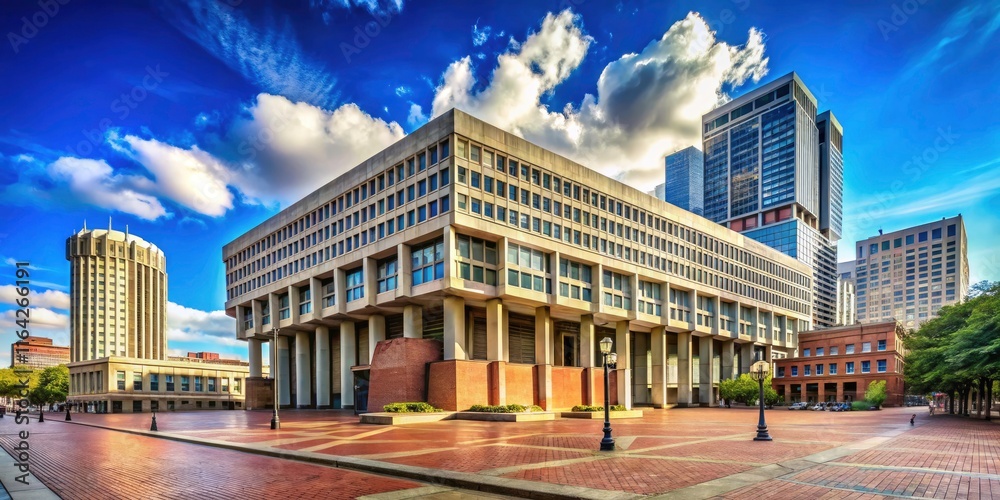 Fototapeta premium Gray concrete and geometric facades define Boston City Hall's modernist architecture, a stark urban landmark.