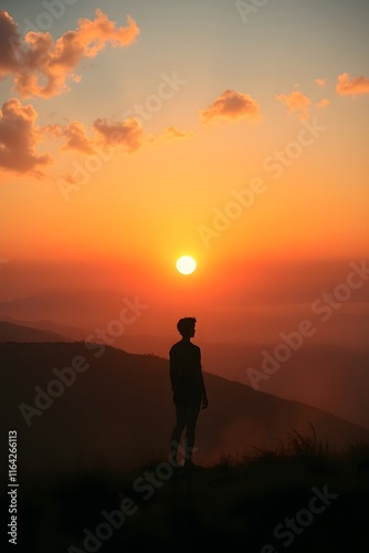 A hopeful man stand in a beautiful landscape.