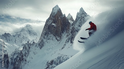 Snowboarder glides down mountain slope against breathtaking alpine backdrop i...