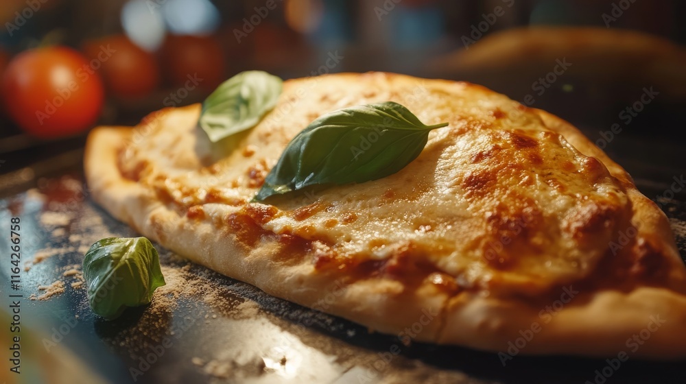 custom made wallpaper toronto digitalGolden-brown calzone filled with melted mozzarella cheese and garnished with fresh basil leaves rests on a wooden board. The warm ambiance and colorful tomatoes enhance the setting