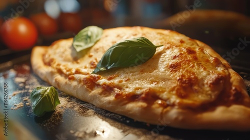 Wallpaper Mural Golden-brown calzone filled with melted mozzarella cheese and garnished with fresh basil leaves rests on a wooden board. The warm ambiance and colorful tomatoes enhance the setting Torontodigital.ca