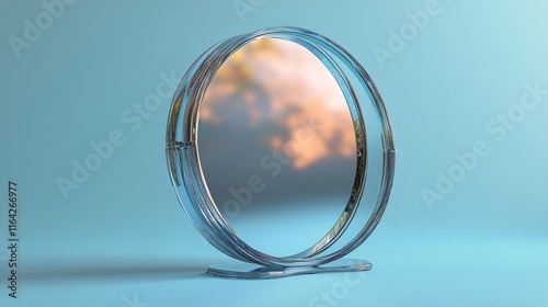 Unique circular mirror with reflective surface showcasing scenic background o...