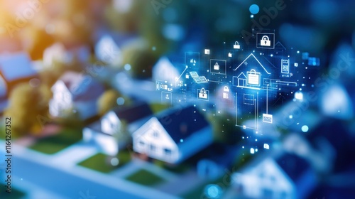 Aerial view of suburban neighborhood with tax data insights residential area digital visualization urban environment high angle smart technology