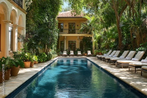 Luxury villa with a serene swimming pool surrounded by lush greenery in a tro...