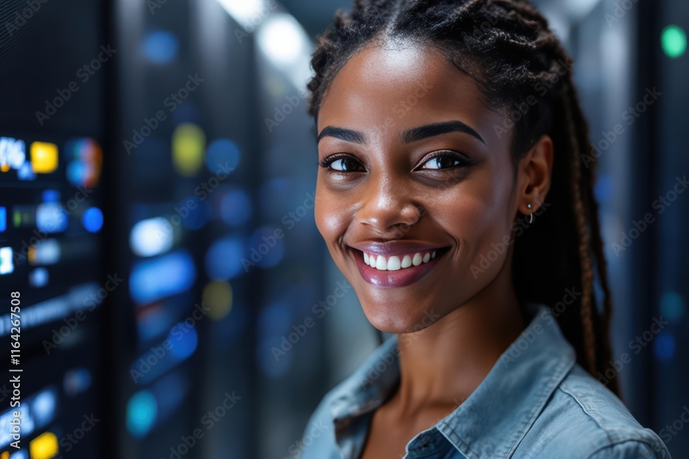 Obraz premium Close portrait of a smiling 40s Seychellois female IT worker looking at the camera, against dark server room blurred background.