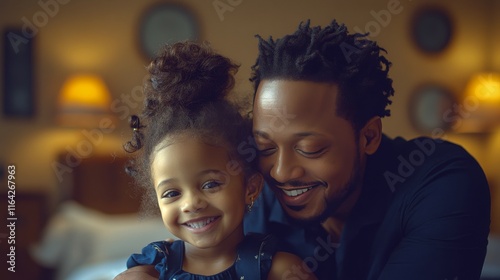 Father and daughter share joyful moment in cozy room filled with warm lightin...