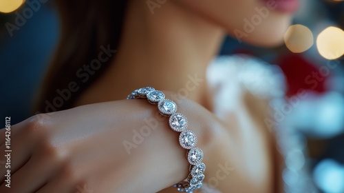 Elegant woman showcasing a sparkling bracelet in a festive setting during the...