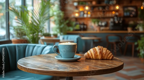 Warm cup of coffee and a freshly baked croissant in a cozy cafe with greenery