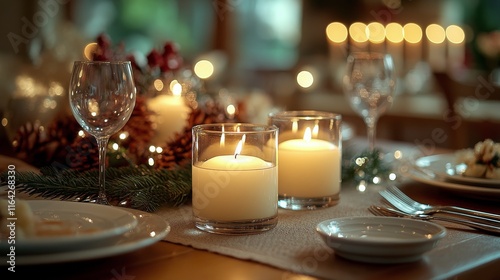 Elegant dinner table setting with candles and festive decor for a cozy celebr...