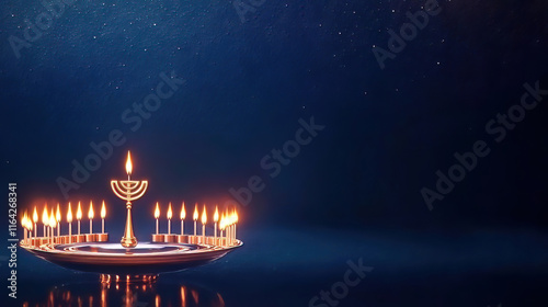 Hanukkah celebrates the miracle with dreidels latkes and community spirit. Elegant Menorah with Candles Illuminating Starry Background photo