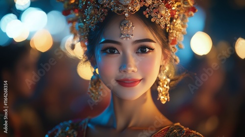 Dancer in traditional costume with ornate headdress performing at a cultural ...