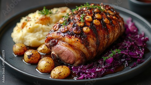Savory roast with mashed potatoes and red cabbage served on a black plate
