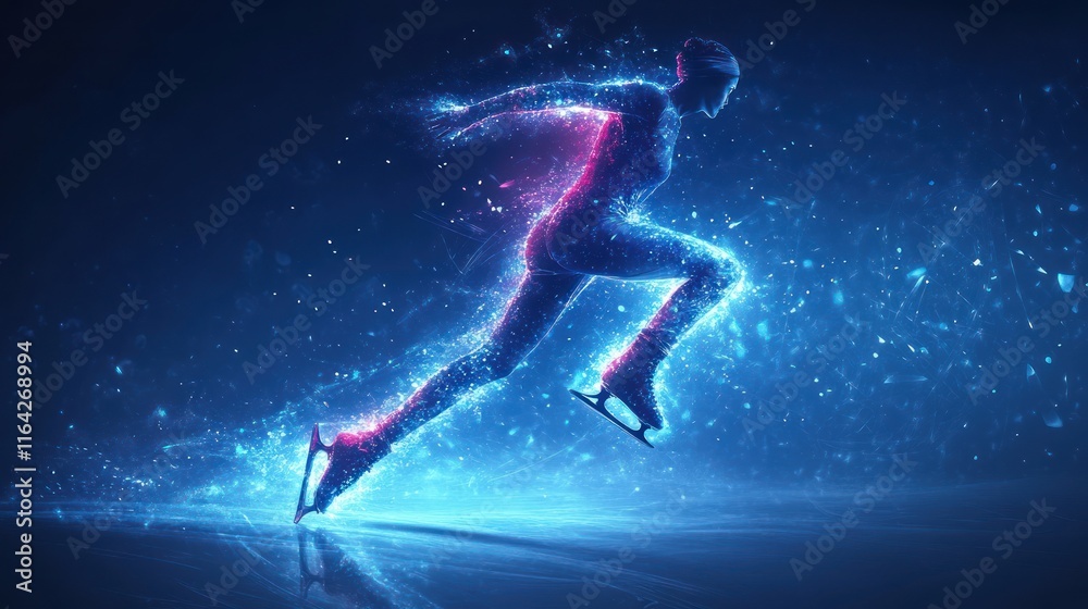 Energetic speed skater, glowing particles, ice, motion. Energetic speed skater, glowing particles, ice, motion.