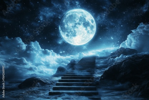 Moonlit stairs leading to an ethereal destination in a misty landscape