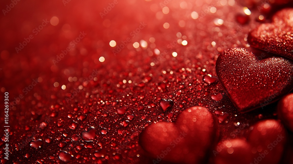 Red hearts with water droplets on a red background. Red hearts with water droplets on a red background.
