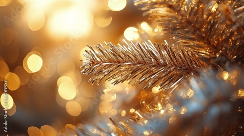 Sparkling golden Christmas tree branches adorned with warm lights and blurred...