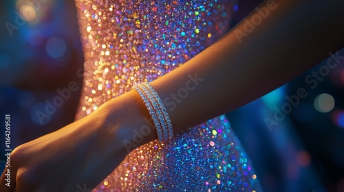 Elegant woman showcasing a sparkling bracelet in a festive setting during the...