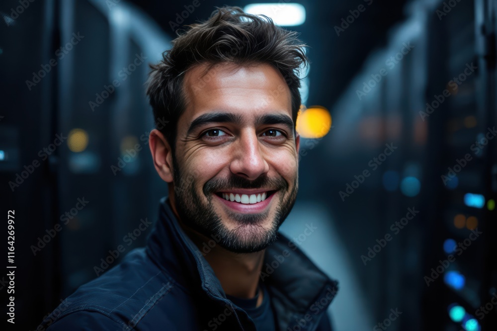 Close portrait of a smiling 40s Spanish male IT worker looking at the camera, against dark server room blurred background. Close portrait of a smiling 40s Spanish male IT worker looking at the camera, against dark server room blurred background.