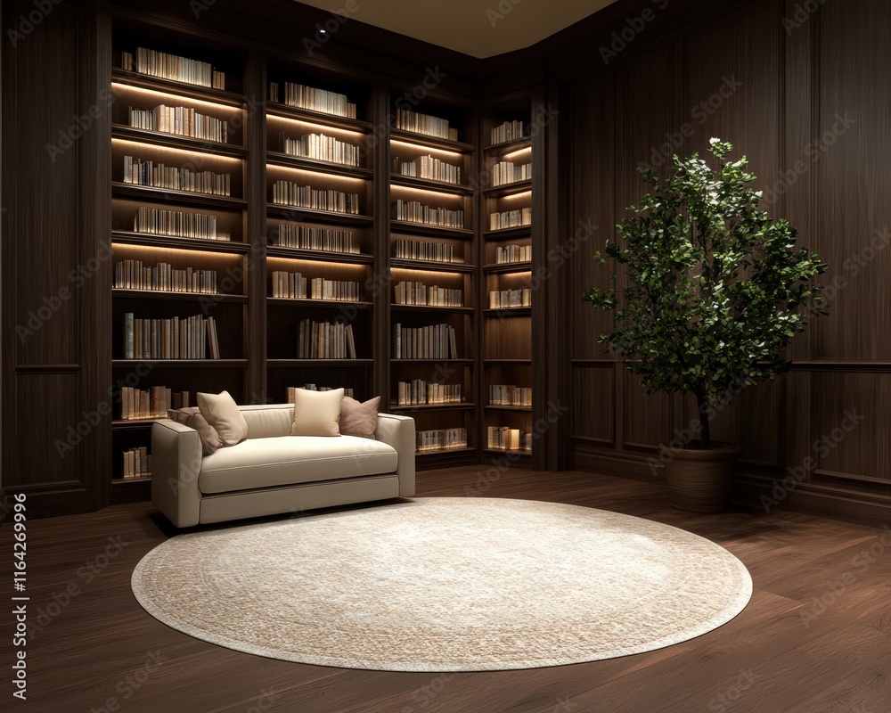 Fototapeta premium A cozy reading nook featuring a plush sofa, a circular rug, a tall bookshelf filled with books, and a potted plant for a serene atmosphere.