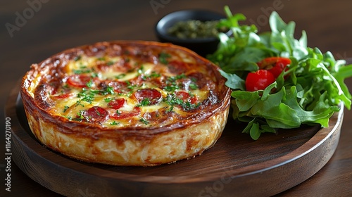Savory baked dish served with fresh greens on a wooden plate in a restaurant ...