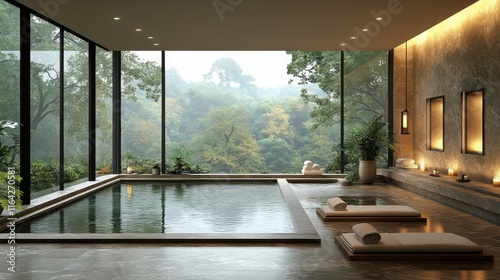Relaxing spa room with a hot tub overlooking a serene forest landscape in the...