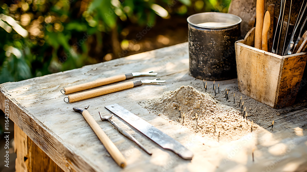 Gardening tools and materials on wooden table, showcasing serene workspace. scene captures blend of nature and craftsmanship Gardening tools and materials on wooden table, showcasing serene workspace. scene captures blend of nature and craftsmanship