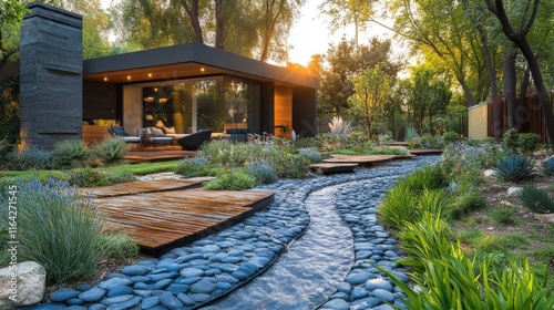 Modern home surrounded by a lush garden with a flowing water feature during s...