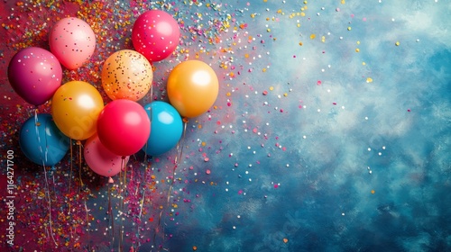 Colorful balloons and confetti creating a festive atmosphere for a celebratio...