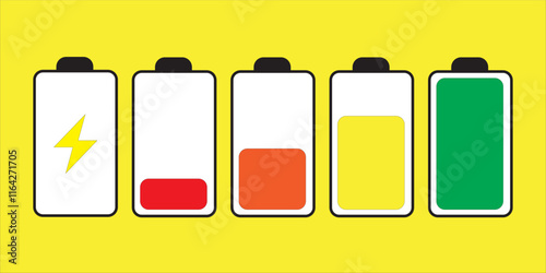 Battery icon set. Batery charge indicator. Battery charging sign and symbol. low to full battery level status indicator